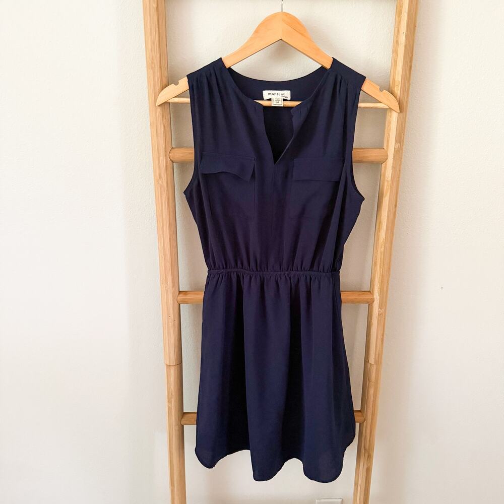 Monteau Navy Sleeveless Fit & Flare Dress V Neck Pocket Detail Medium